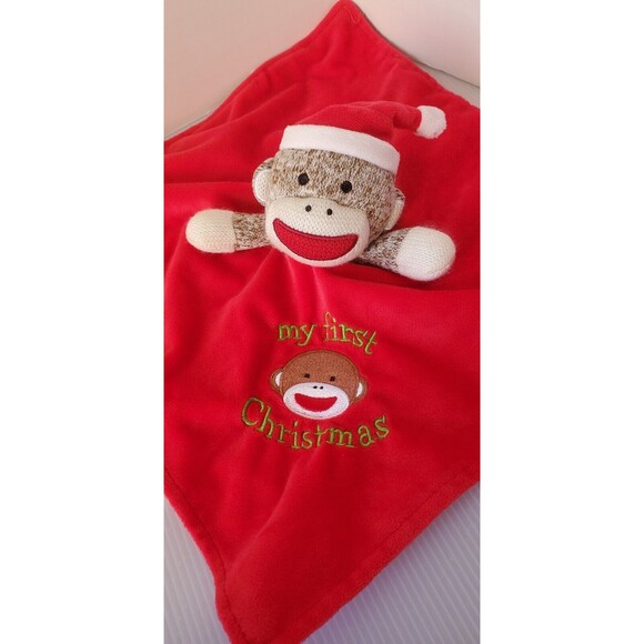 Baby Starters Security Blanket Sock Monkey My First Christmas Plush Lovey Rattle - Picture 10 of 10